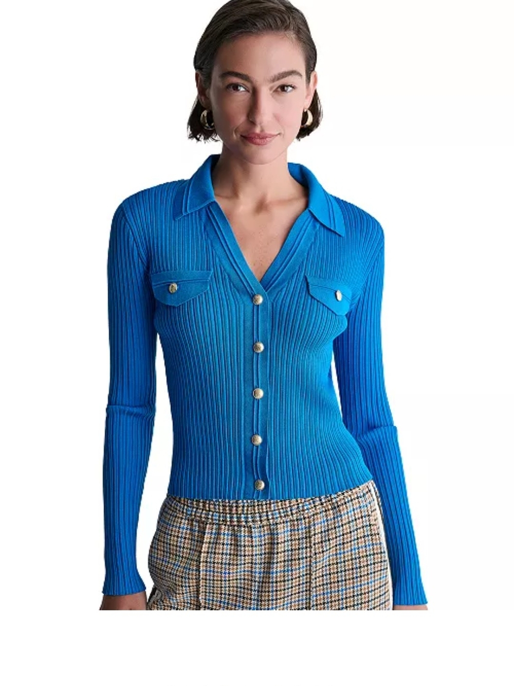 BCBG Vibrant Cobalt Ribbed V-Neck Button Cardigan